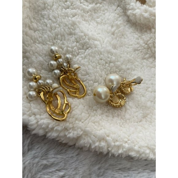 Vintage Gold Tone White Dangle Bead Clip-On Earrings - 2 Pairs - Picture 6 of 13